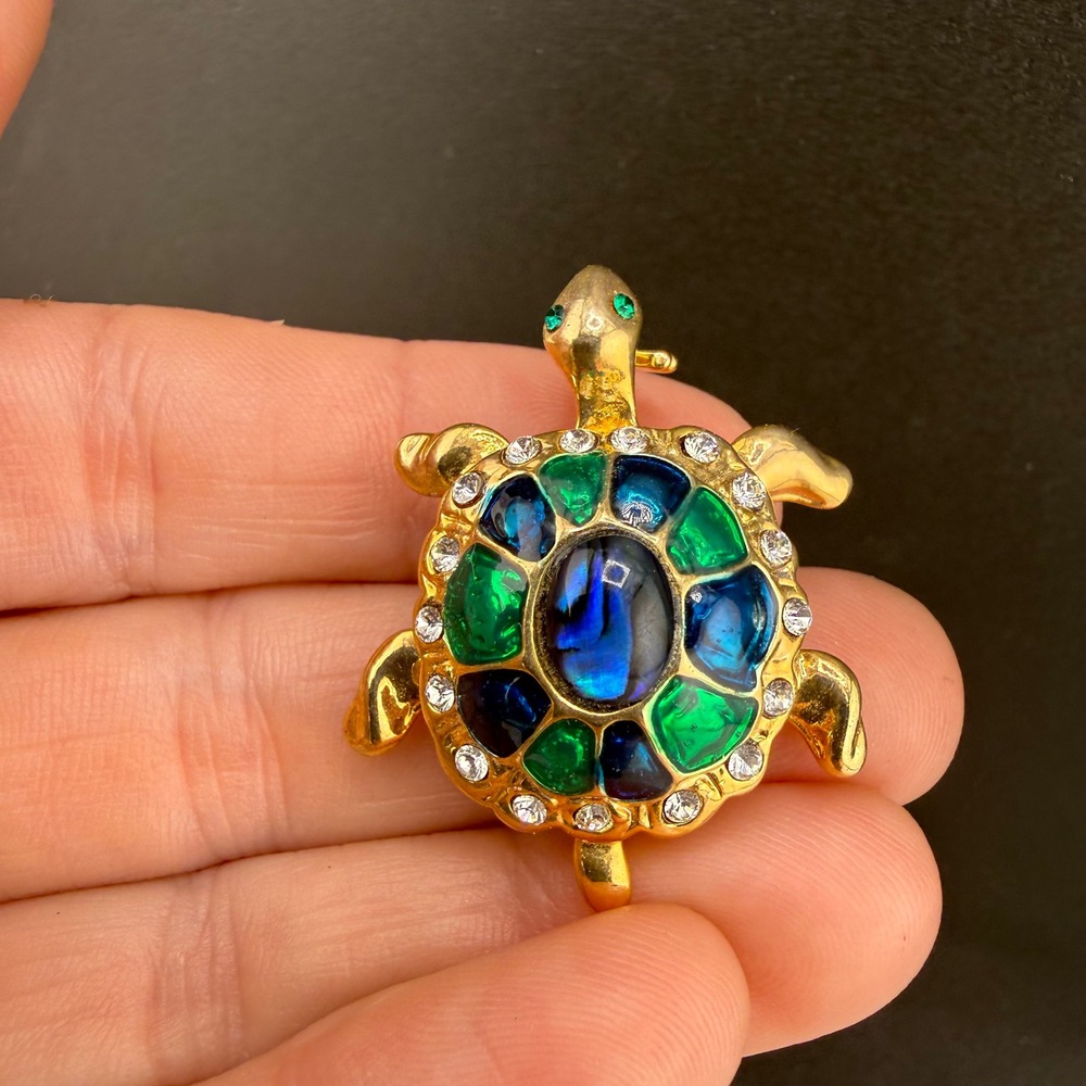 Vintage Turtle Brooch Gold Tone Blue Green Enamel Rhinestone Pin